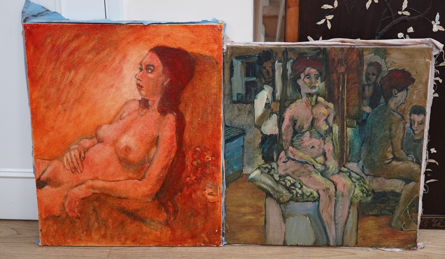 Raymond Arthur Roadnight (b.1941-), two oils on fabric, Studies of semi-nude females, 62 x 51cm, unsigned, unframed. Condition - good